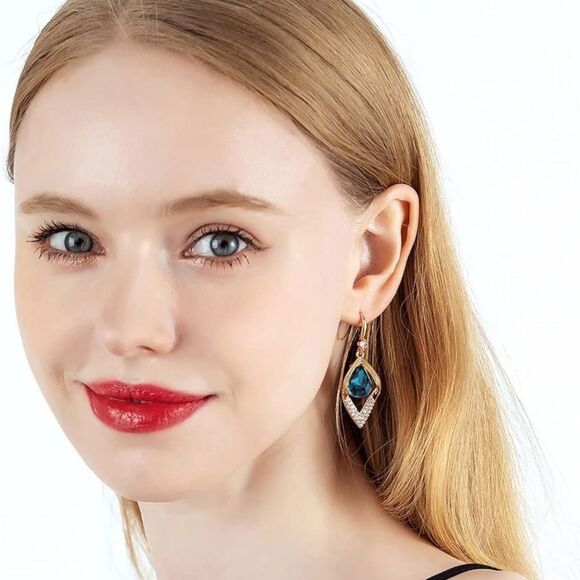 14K Yellow Gold with London Blue Topaz Austrian Crystal Leaf Teardrop Earrings - Picture 6 of 7